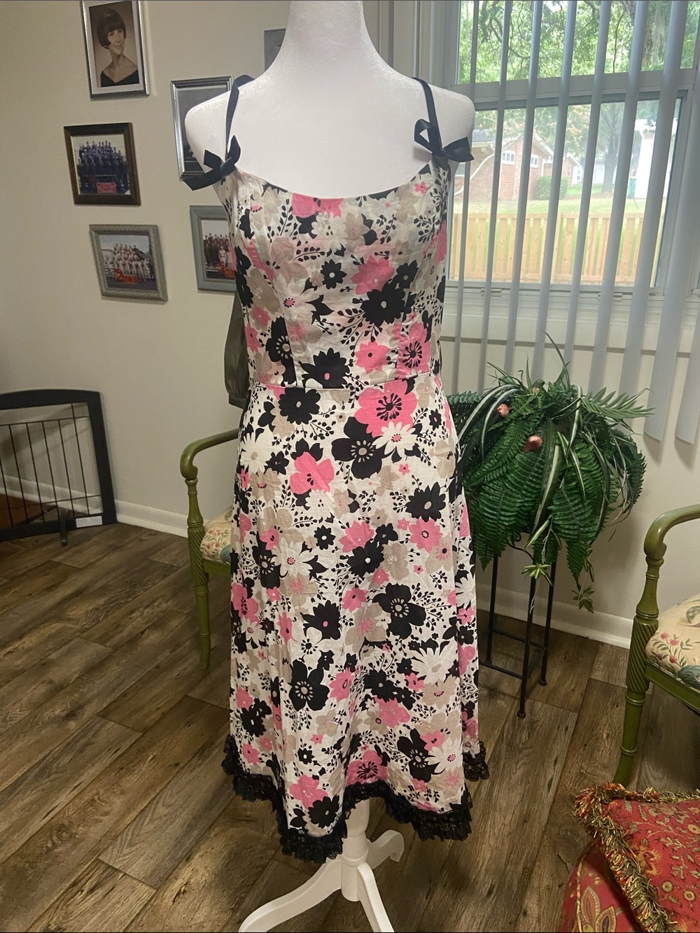 Floral CottonSlip Dress with Black Lace Trim - Pink & Black